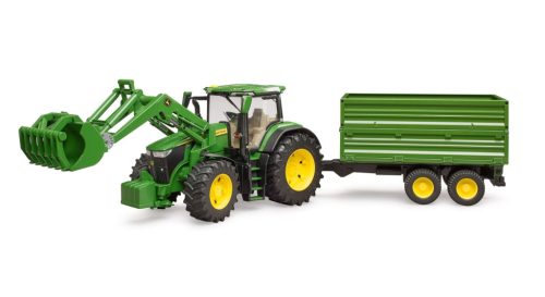 John Deere 7R 350 traktor homlokrakodóval és pótkocsival - Bruder 3155